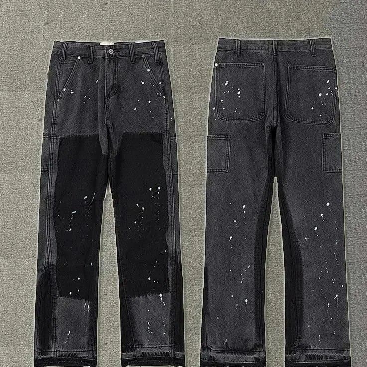Distressed Flare Jeans Paint Splatter & Patched — 34