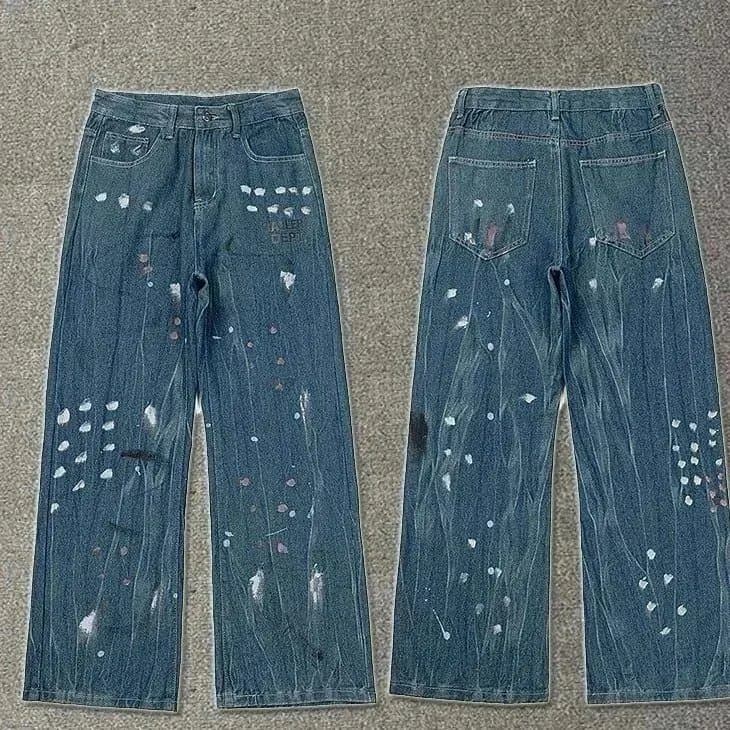 Distressed Flare Jeans Paint Splatter & Patched — 23