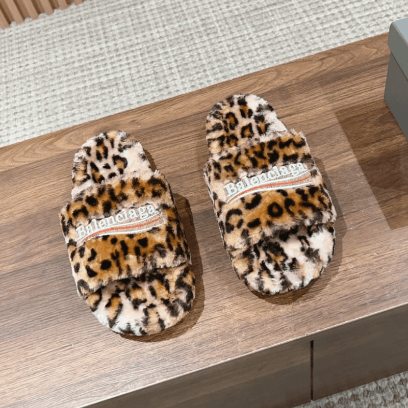 Balenciaga Logo Slide Leopard Faux Fur