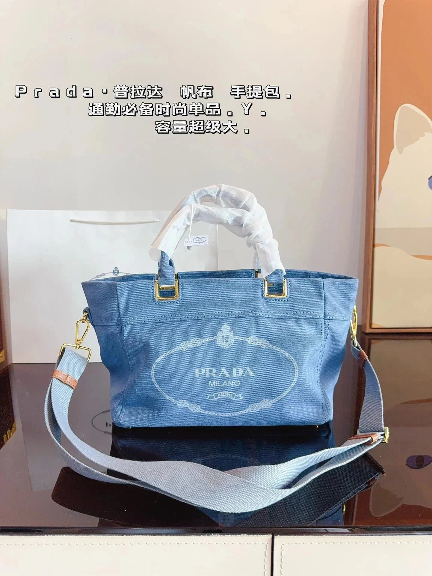 Prada Canvas Tote Logo Embroidered