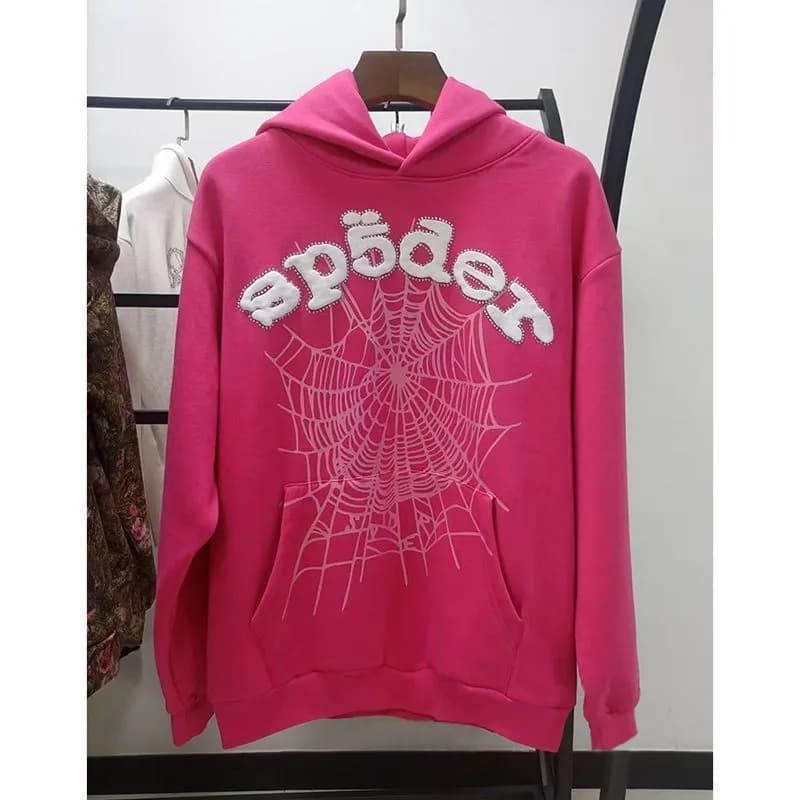 Sp5der Hoodie Embroidered Logo — 玫红白字