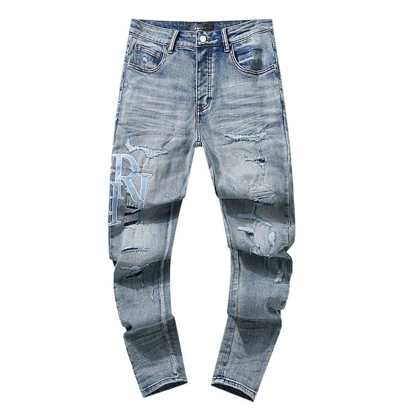 Amiri Distressed Slim Fit Jeans Ripped Logo Wash