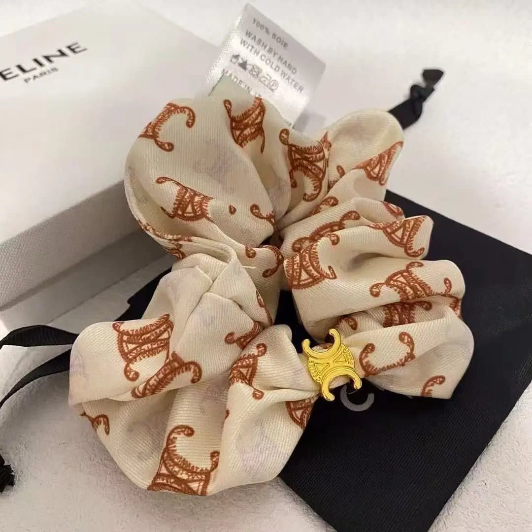 Celine Silk Scrunchie Triomphe Logo Print