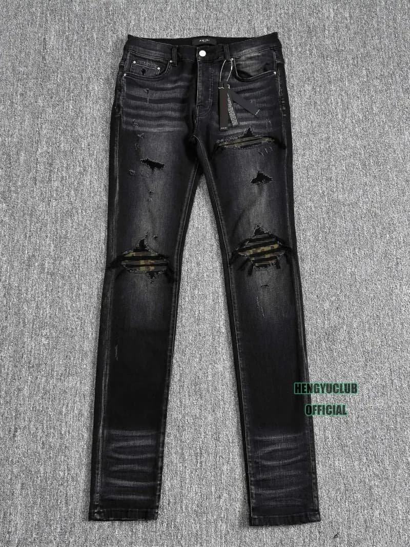 Amiri Distressed Slim Fit Jeans Black Wash with Camo Patch