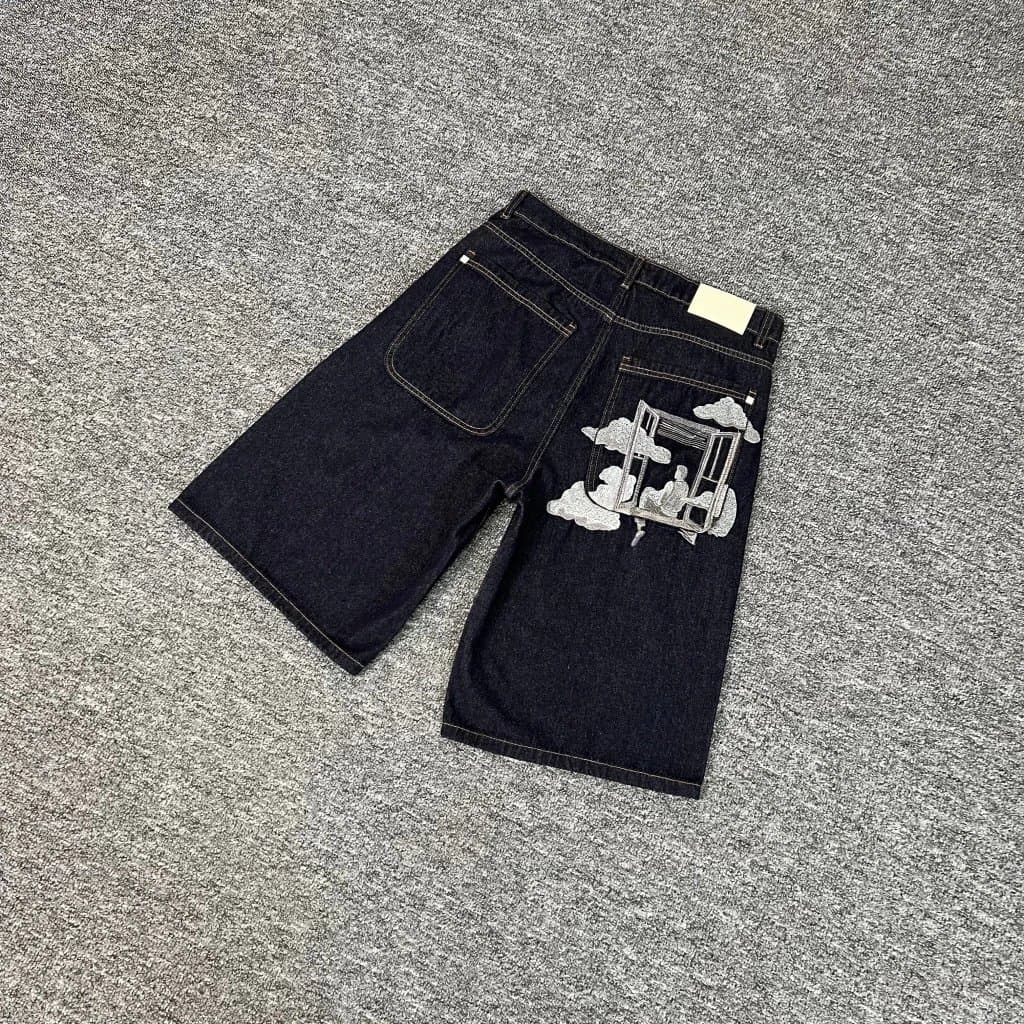 Corteiz Patchwork Jeans Art Print Patches — 016云朵刺绣牛仔短裤（蓝）