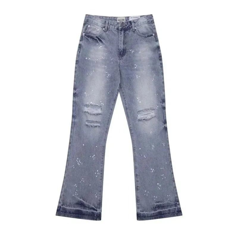 Distressed Flare Jeans Paint Splatter & Patched — 18