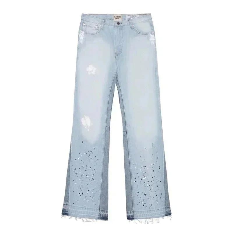 Distressed Flare Jeans Paint Splatter & Patched — 15