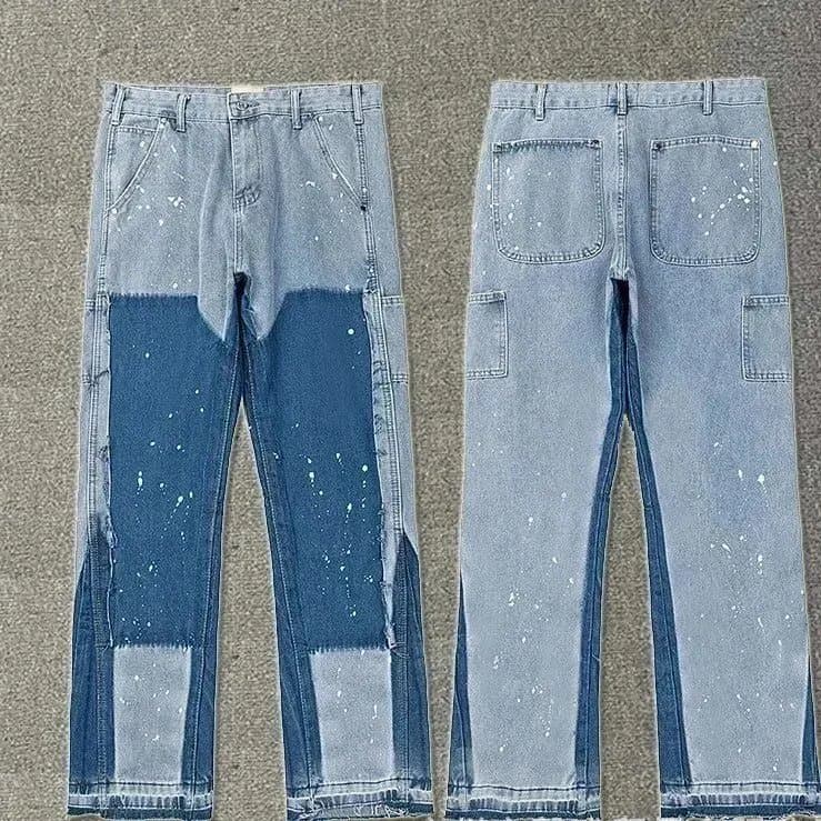 Distressed Flare Jeans Paint Splatter & Patched — 35