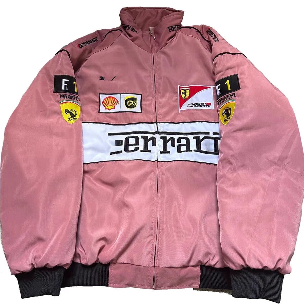 Ferrari × Puma F1 Racing Jacket Pink Shell with Sponsor Patches