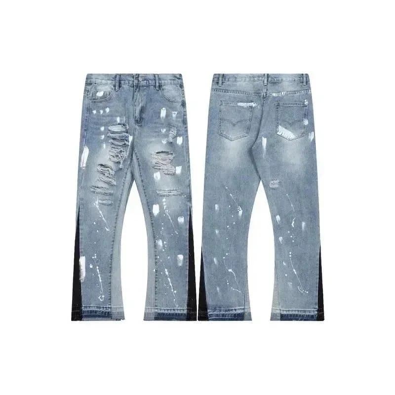 Distressed Flare Jeans Paint Splatter & Patched — 2