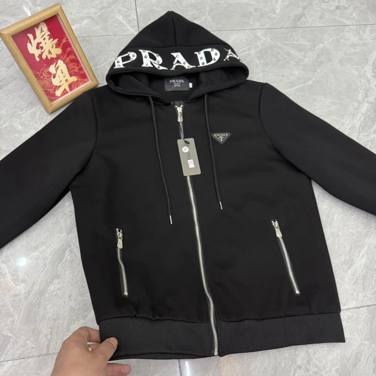 Prada Zip-Up Hoodie Studded Logo Hood