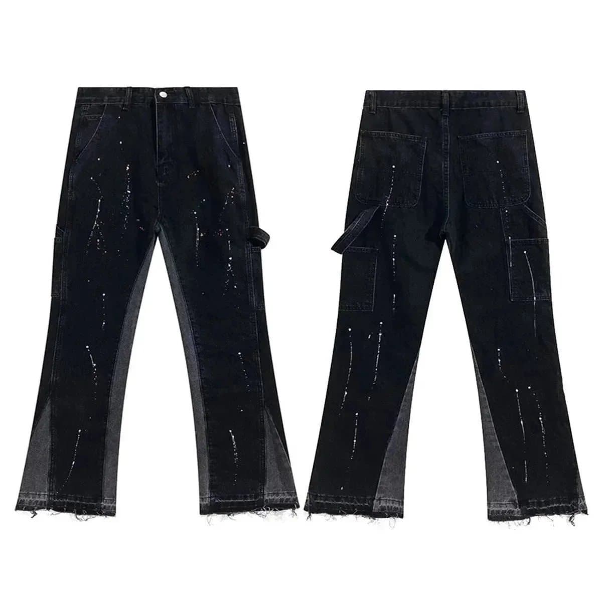 Distressed Flare Jeans Paint Splatter & Patched — 7