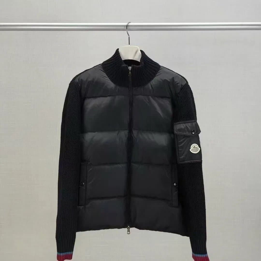 Moncler Knit-Sleeve Puffer Jacket Black with Ribbed Knit Sleeves