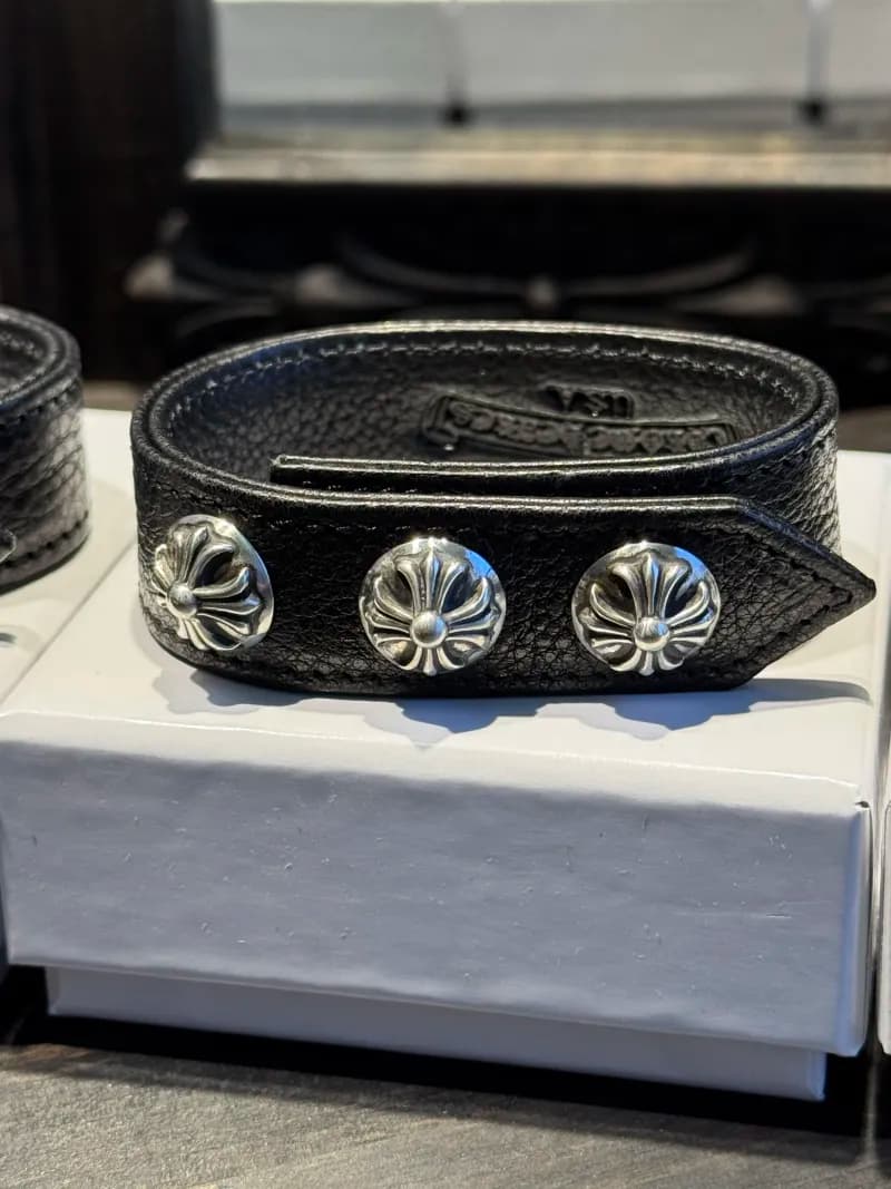 Three Stud Leather Bracelet Chrome Hearts Logo Studs