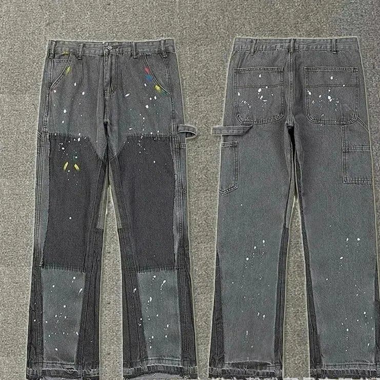 Distressed Flare Jeans Paint Splatter & Patched — 36