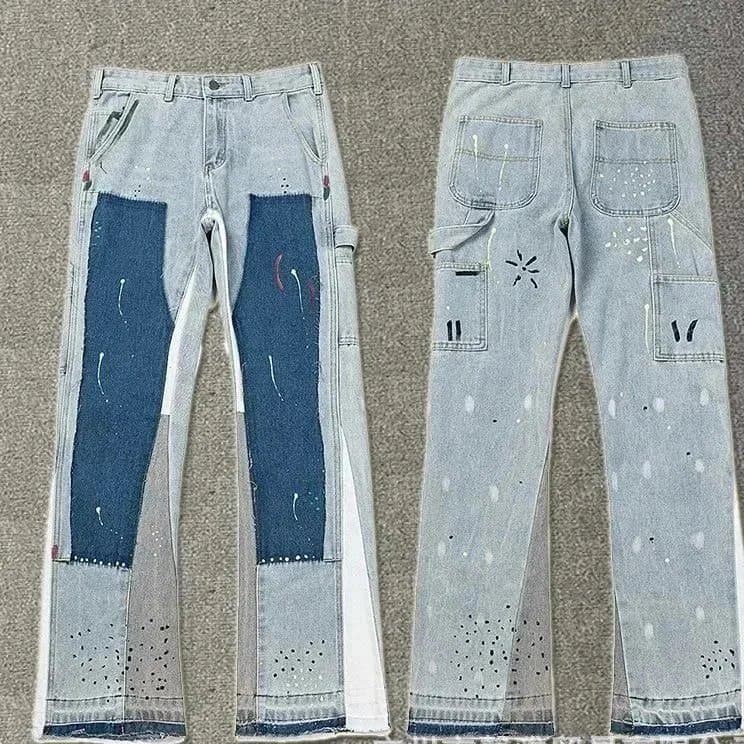 Distressed Flare Jeans Paint Splatter & Patched — 29