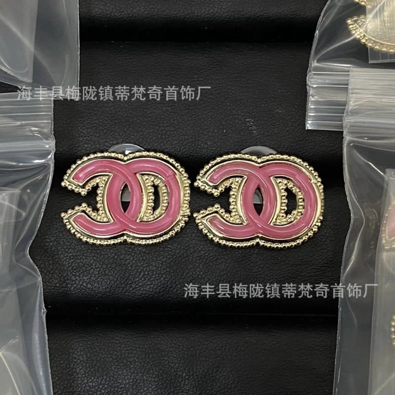 Chanel CC Logo Earrings Pink Enamel with Gold Beaded Trim