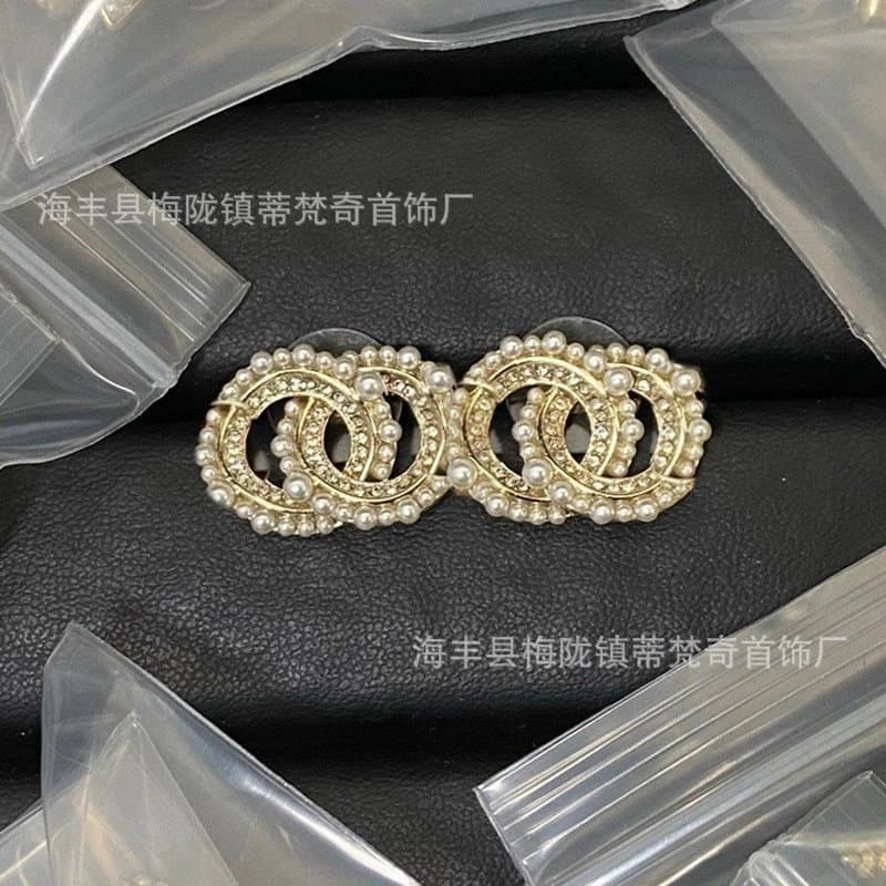 Chanel Double C Pearl Earrings Gold Tone with Pearls and Crystals