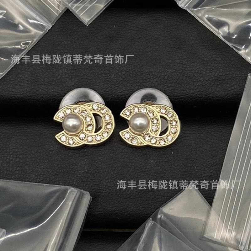 Chanel CC Logo Stud Earrings Pearl and Crystal