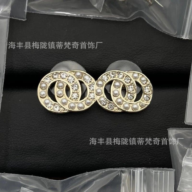 Chanel Double C Stud Earrings Pearl and Crystal