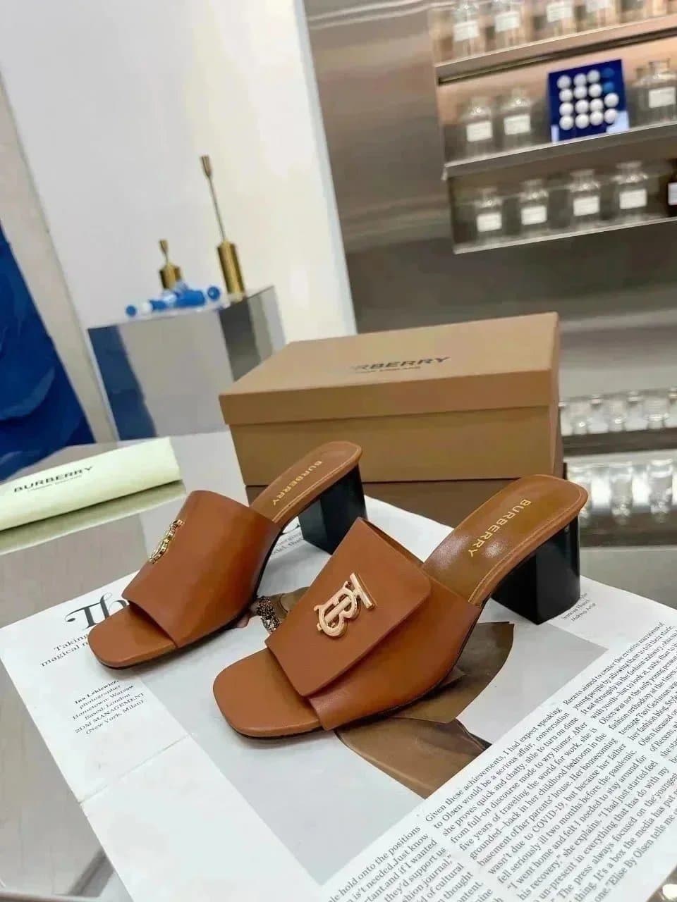 Burberry Monogram Mule Tan Leather with Gold TB Logo