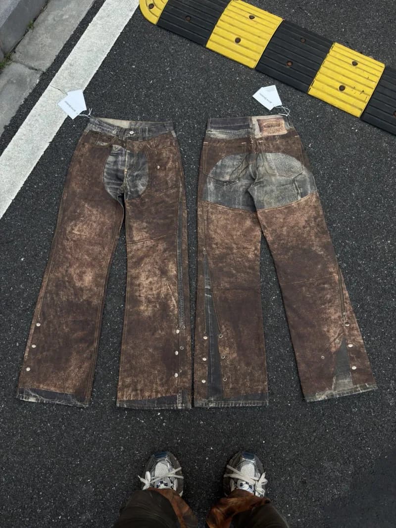 Levi's Patchwork Denim Trousers Distressed Brown Wash