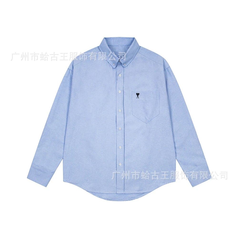 AMI Paris Button-Up Shirt Red Heart Logo — 浅蓝-860#
