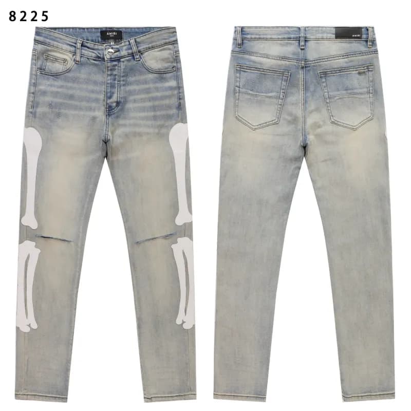 Amiri Bone Print Jeans Distressed Light Wash
