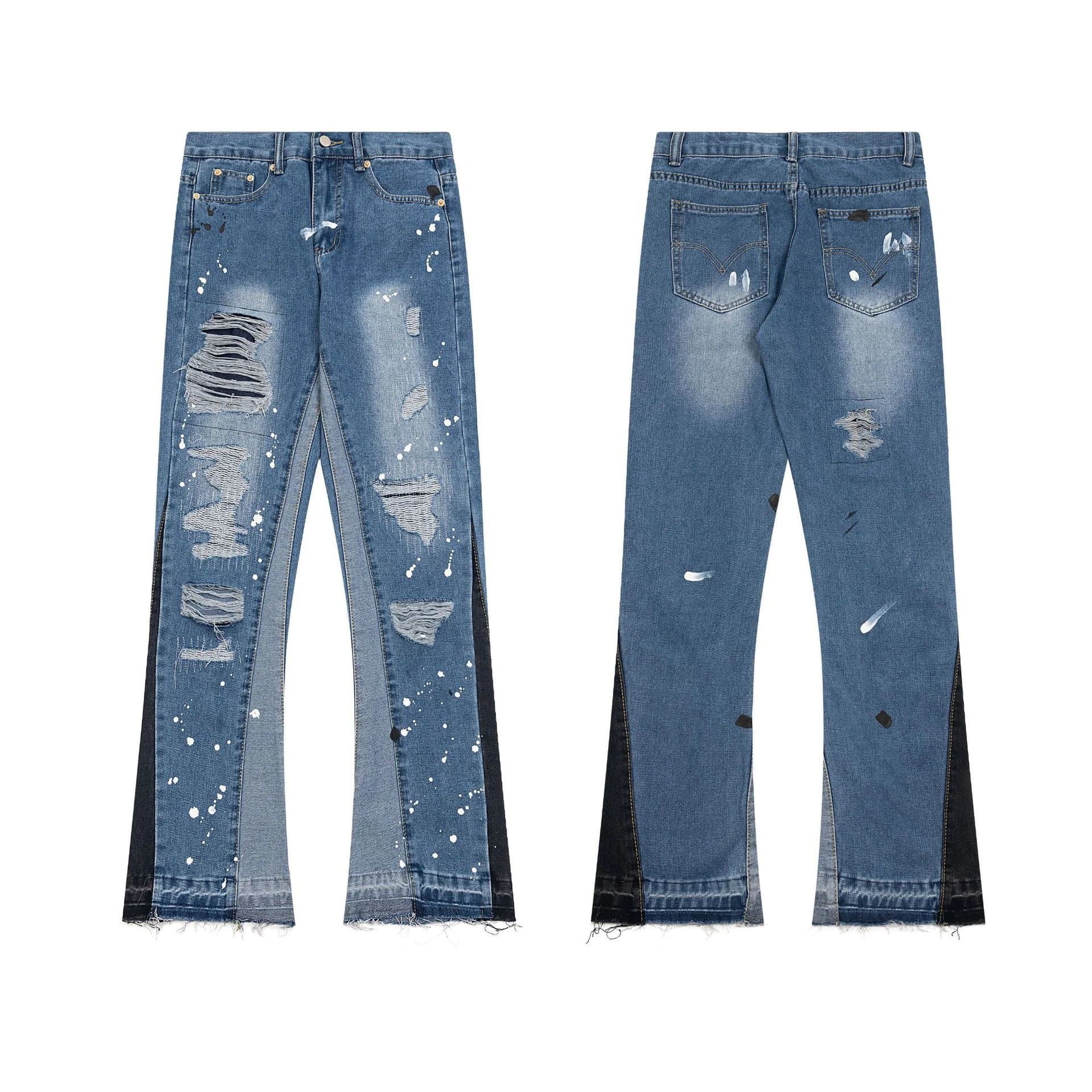 Distressed Flare Jeans Paint-Splatter & Patchwork — 38
