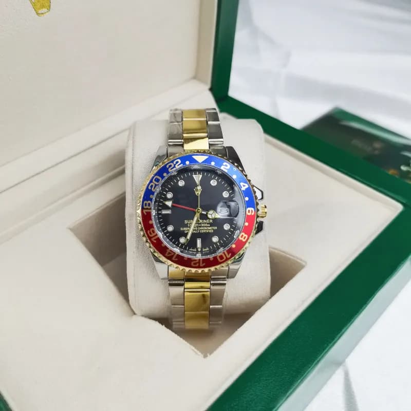 Rolex Submariner Coke Bezel — Four-pin coke circle, three gold circles, red and blue circles, black surface