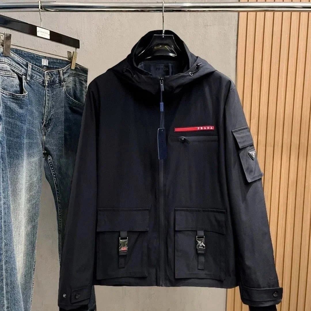Prada Hooded Field Jacket Red Logo Tape