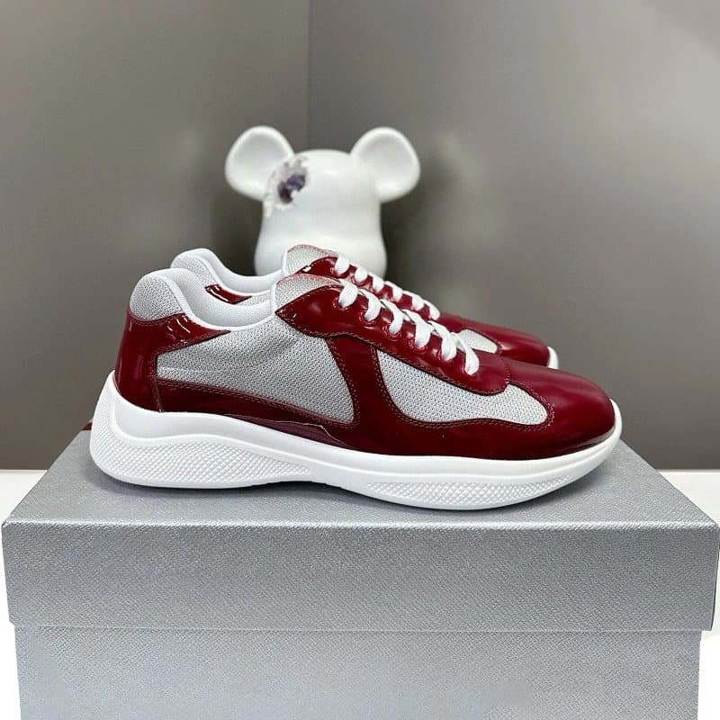 Prada Linea Rossa Sneaker Black Patent & Mesh — 深酒红