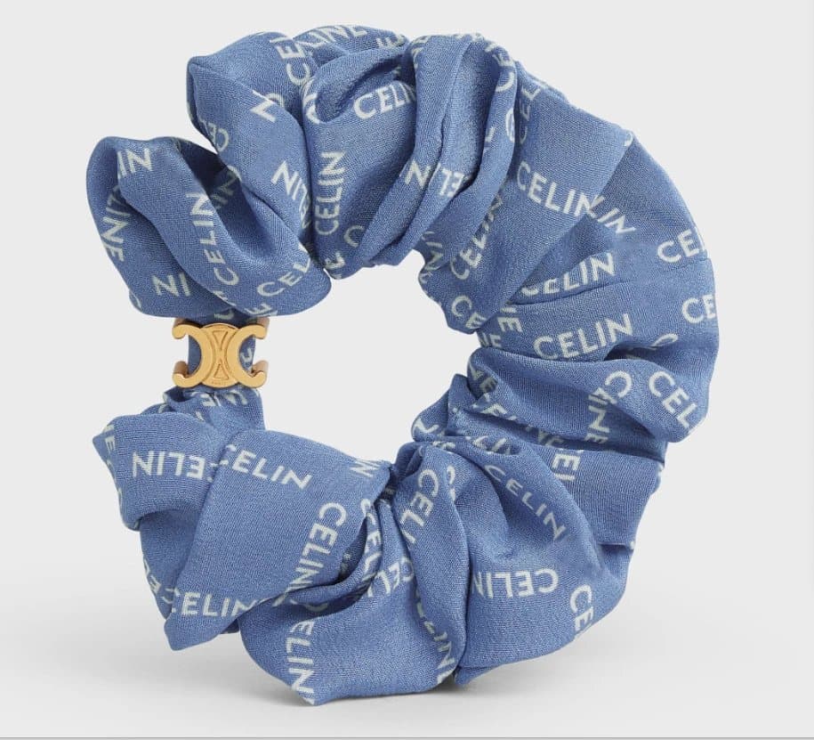 Celine Silk Scrunchie Triomphe Logo Print — 蓝底白字母