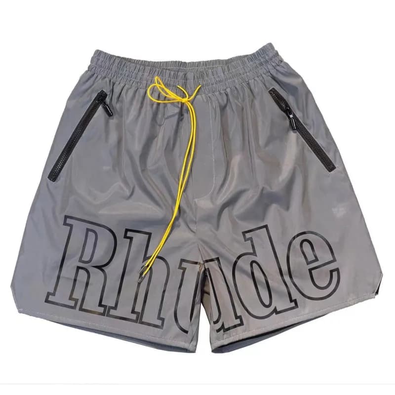 Rhude Logo Shorts Black with Yellow Drawstring — 灰色反光