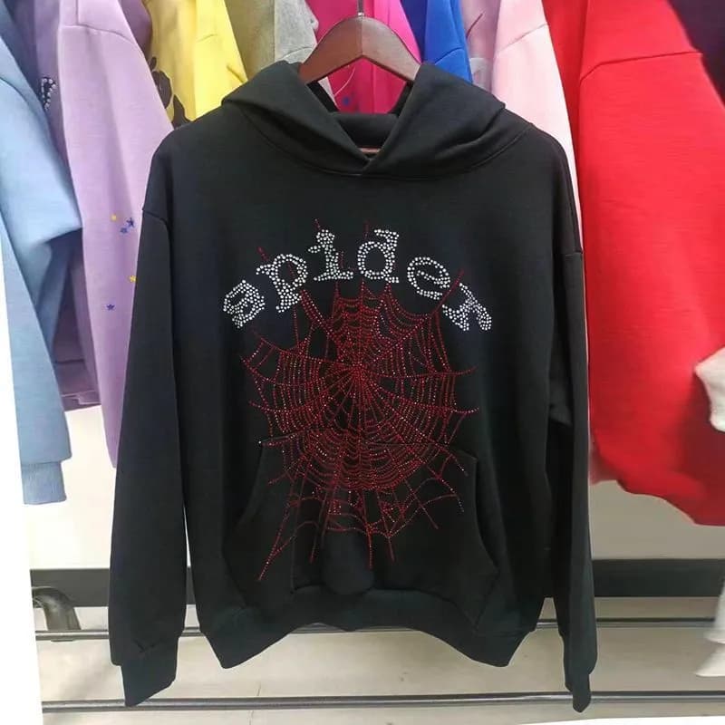 Sp5der Hooded Sweatshirt Spider Web Graphic — 黑色烫钻
