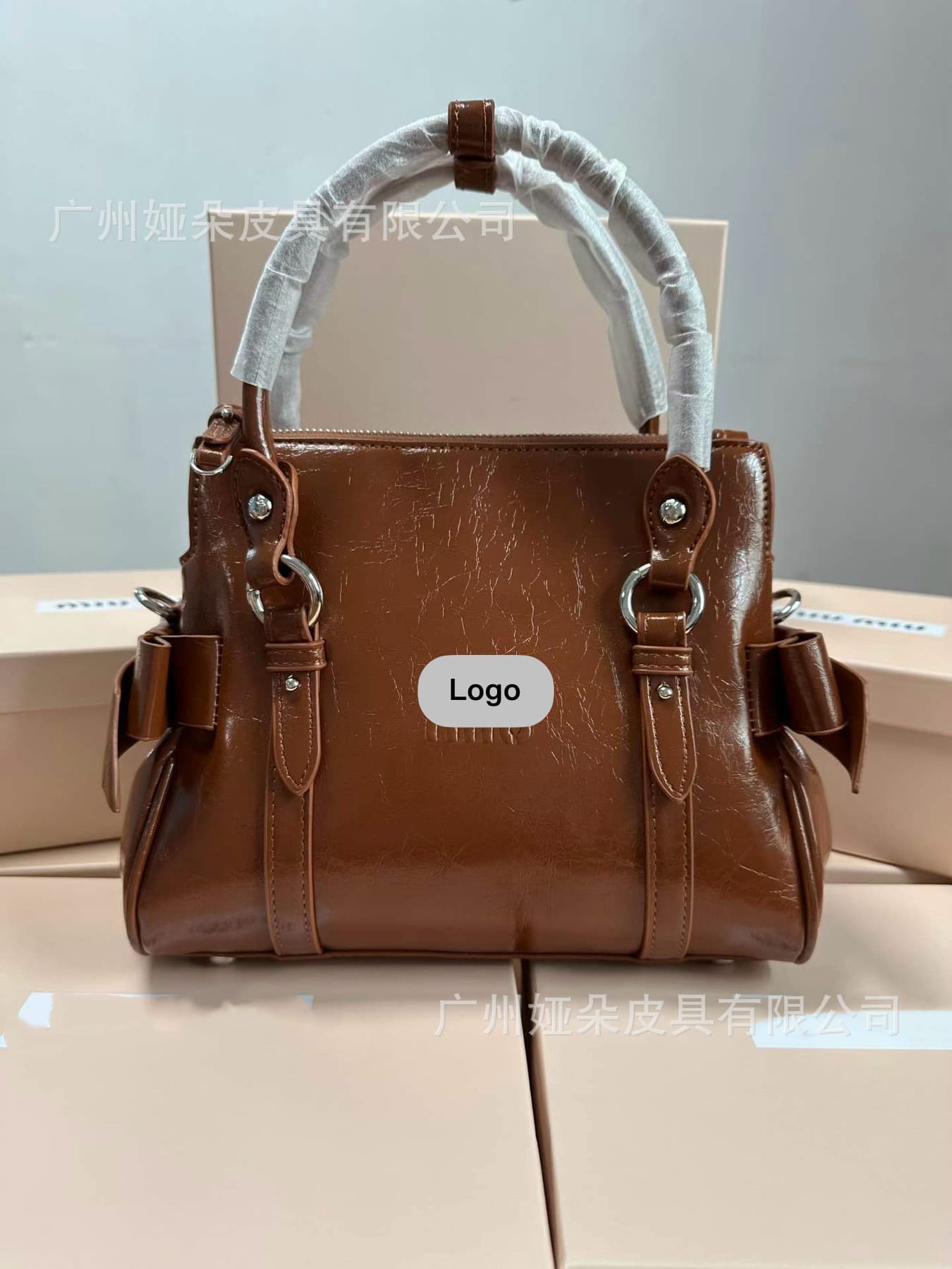 Miu Miu Bow Bag Crinkled Patent Leather — brown