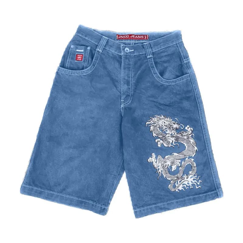Denim Shorts Flame Embroidery — D03 blue