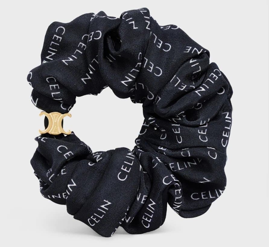 Celine Silk Scrunchie Triomphe Logo Print — 黑底白字母