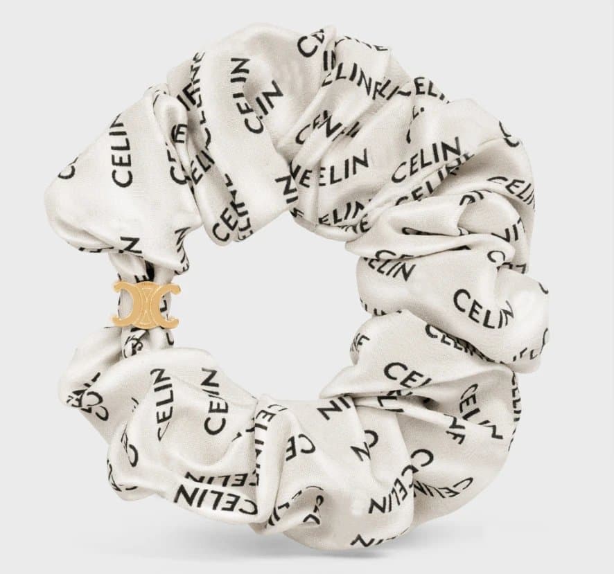 Celine Silk Scrunchie Triomphe Logo Print — 白底黑字母