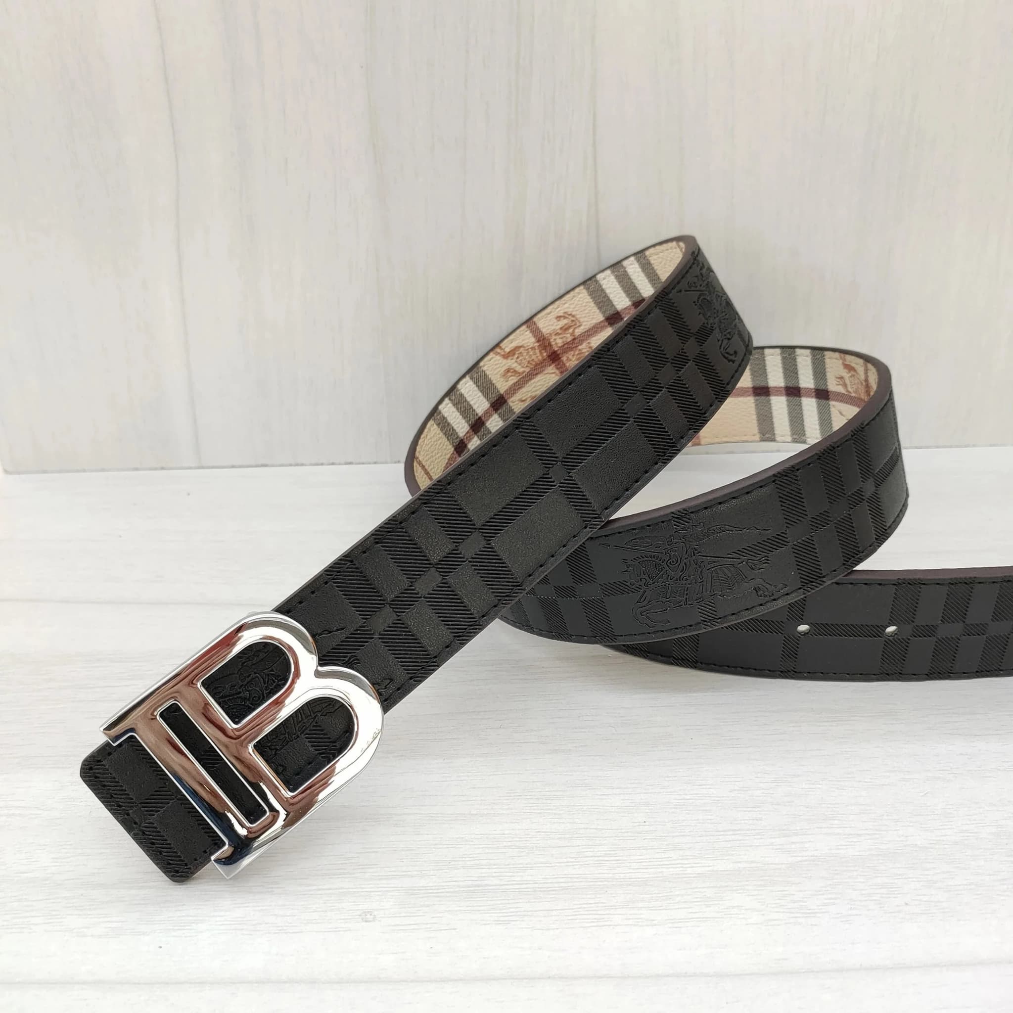 Burberry TB Logo Belt Checkered Leather — Bur-02-05