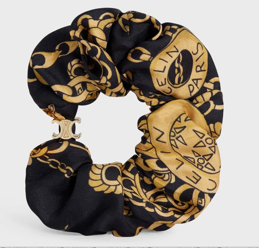 Celine Silk Scrunchie Triomphe Logo Print — 黑底金链条