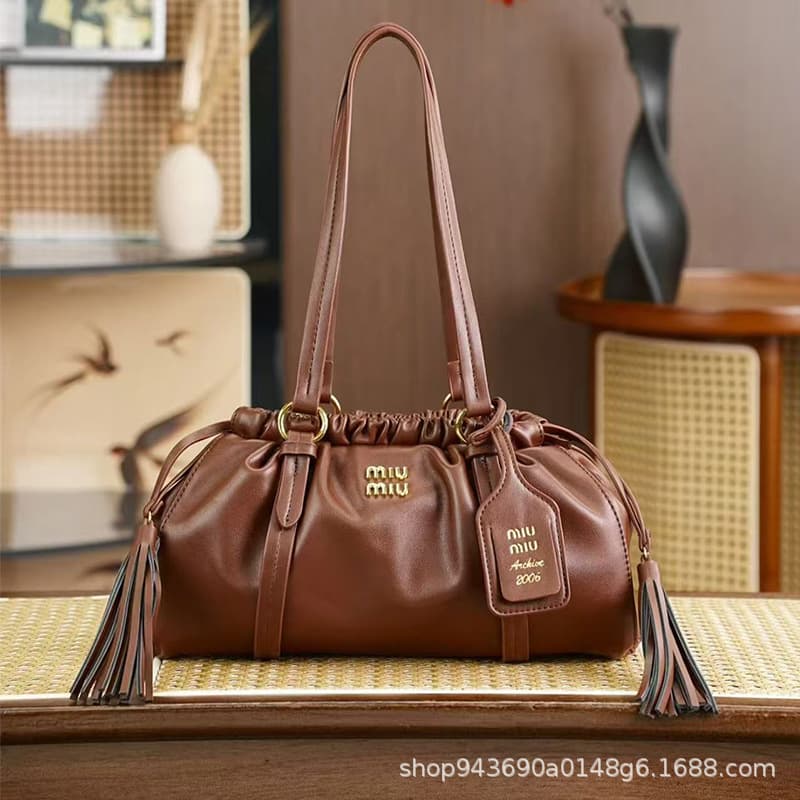 Miu Miu Drawstring Shoulder Bag Matte Leather with Tassels — 咖啡色