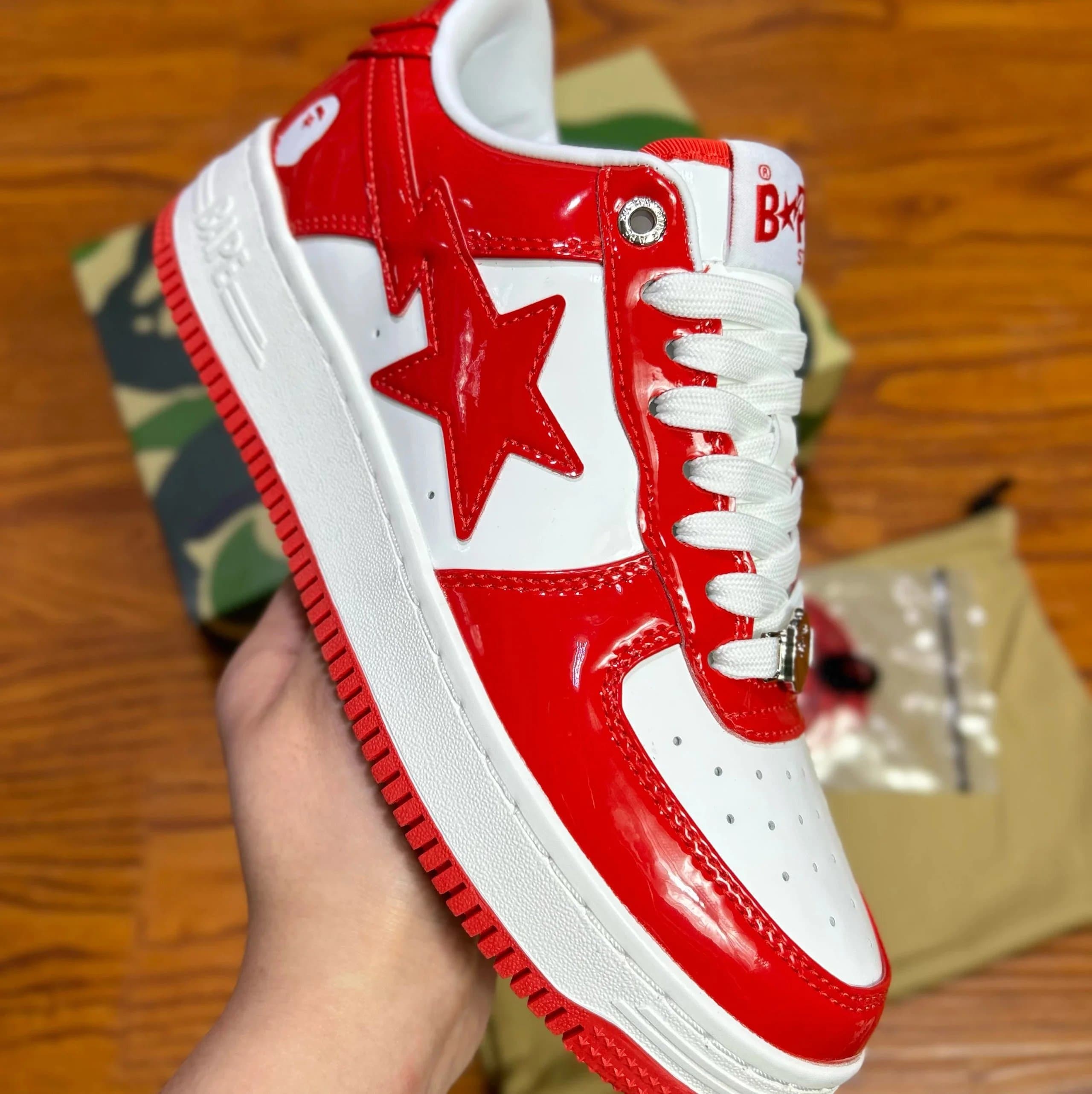 BAPE STA Low White Grey — Bape white red paint leather