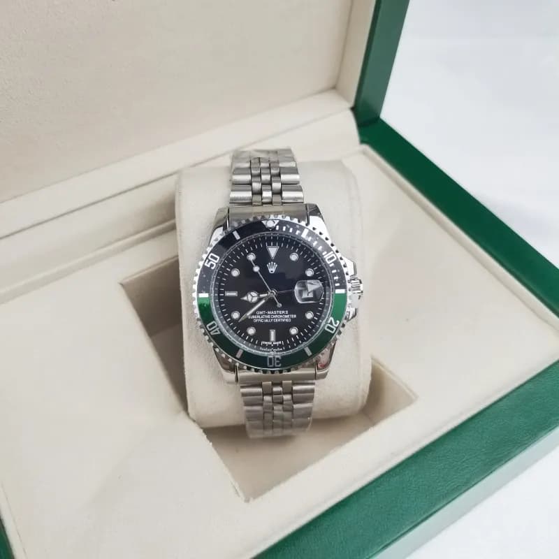 Rolex Submariner Coke Bezel — Four-pin water ghost, five-bead silver strap, black and green circle, black face water ghost