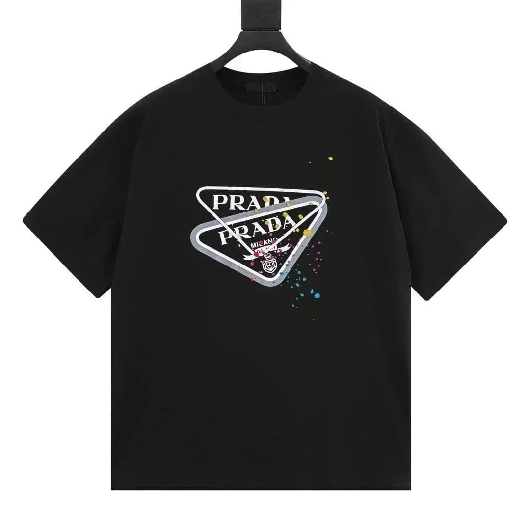 Prada Triangle Logo Tee Black and Turquoise Print — 010104094