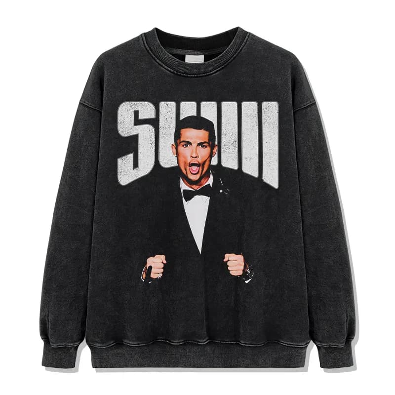 Travis Scott Graphic Tee SIUUU Print — 水洗黑圆领卫衣