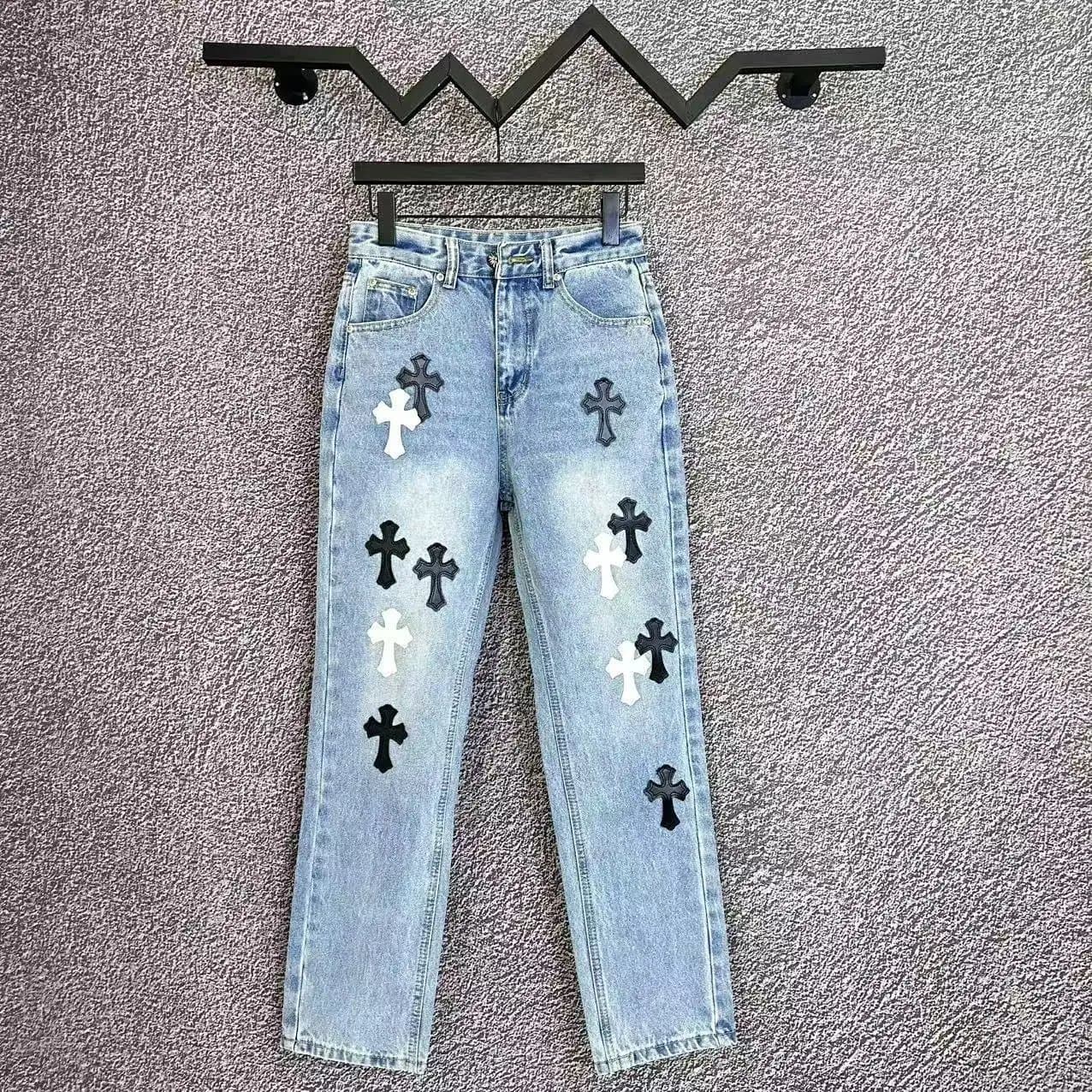 Chrome Hearts Cross Patch Jeans Light Wash with Black and White Cross Patches