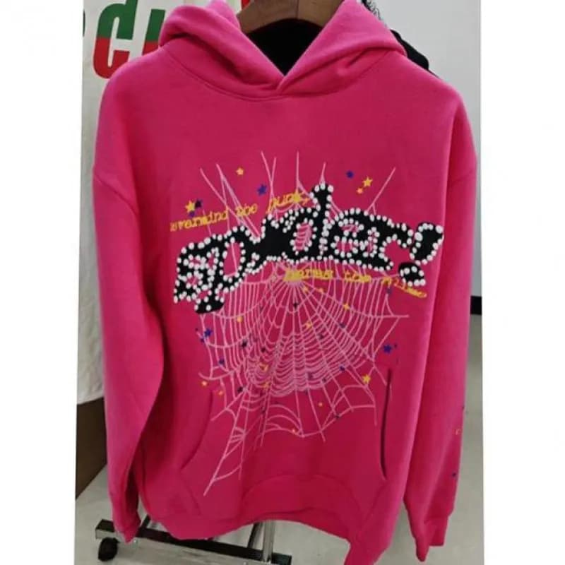 Sp5der Hoodie Spider Web Rhinestone — 玫红V2