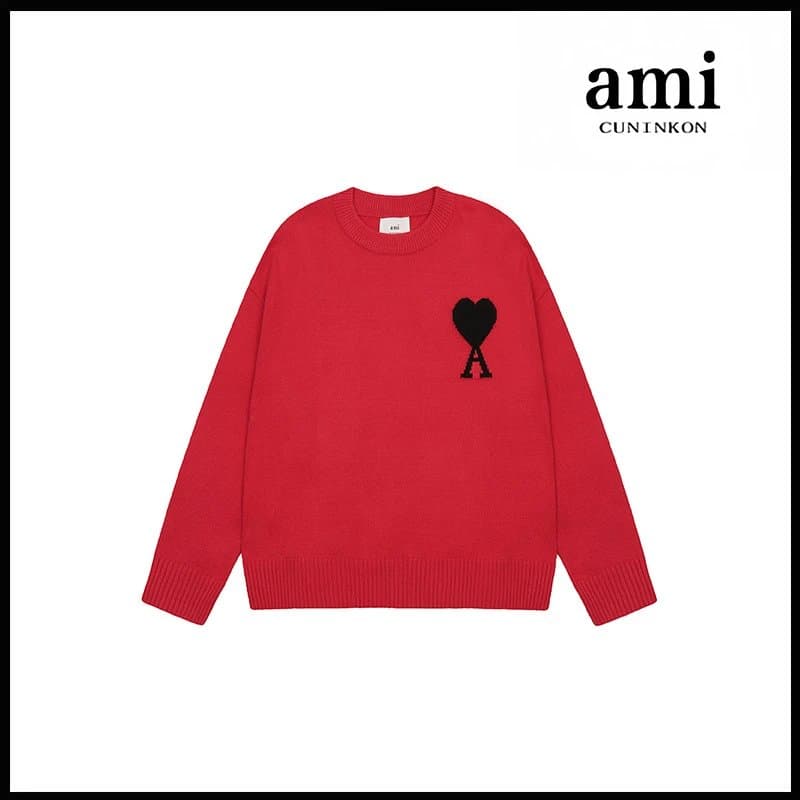 AMI Paris Knit Sweater Heart Logo — 大红【2115圆领提花款款】