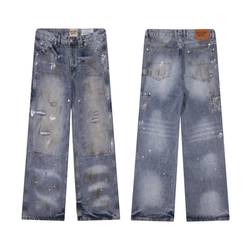 Gallery Dept. Cargo Pants Camouflage with Leopard & Paint Splatter — 粤651#洗水蓝